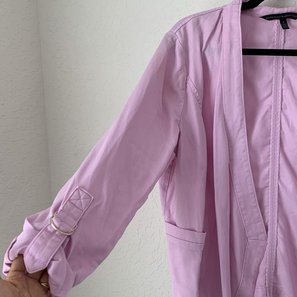White House Black Market Jacket L Pink Collarless Open Drape Roll Tab Barbie - Picture 3 of 13